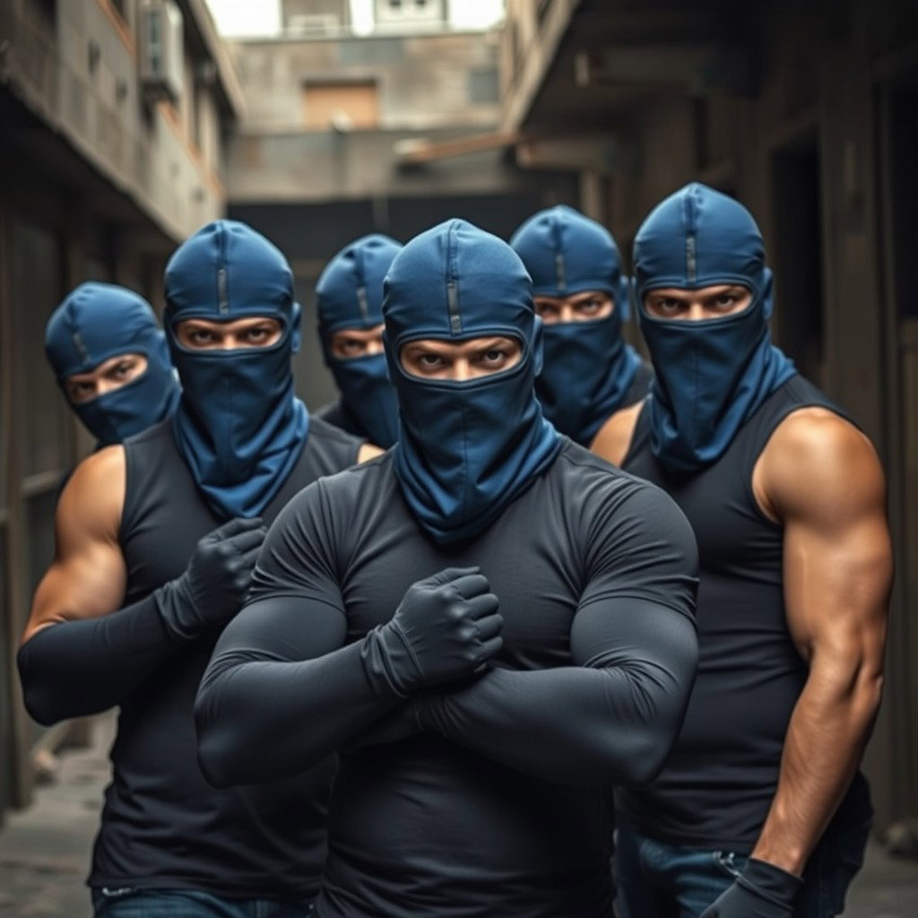 A group of young men with an intense and determined demeanor, dressed in blue balaclavas that conceal their identities