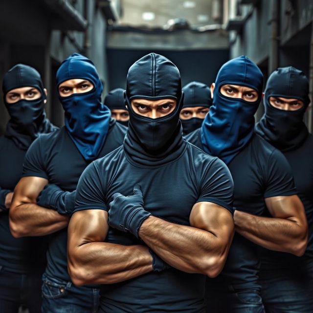 A group of young men with an intense and determined demeanor, dressed in blue balaclavas that conceal their identities