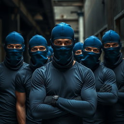 A group of young men with a serious and determined demeanor, dressed in blue balaclavas that obscure their faces