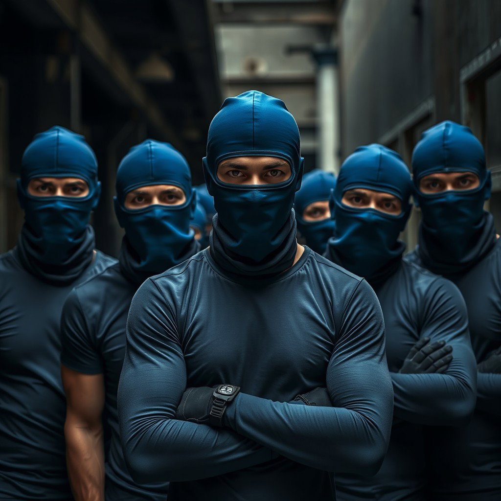 A group of young men with a serious and determined demeanor, dressed in blue balaclavas that obscure their faces
