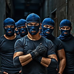 A group of young men with a serious and determined demeanor, dressed in blue balaclavas that obscure their faces