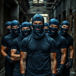 A group of young men with a serious and determined demeanor, dressed in blue balaclavas that obscure their faces