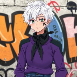 An anime teenage boy with striking very white hair that contrasts with his light green eyes