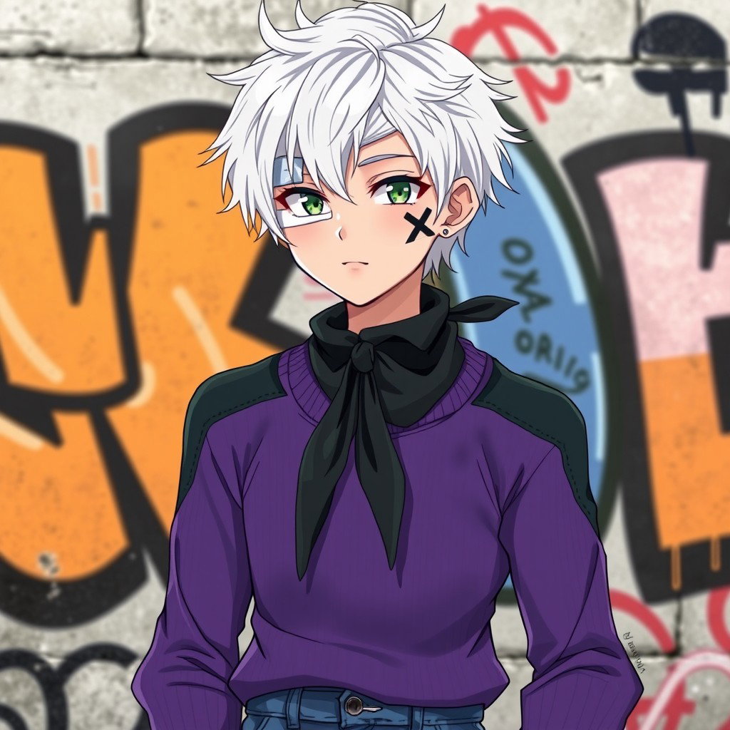 An anime teenage boy with striking very white hair that contrasts with his light green eyes