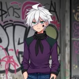 An anime teenage boy with striking very white hair that contrasts with his light green eyes