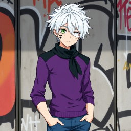 An anime teenage boy with striking very white hair that contrasts with his light green eyes