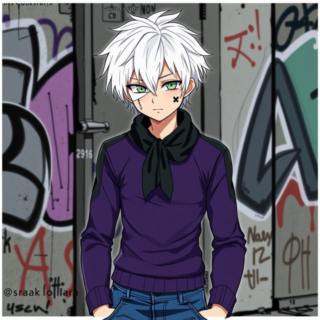 An anime teenage boy with striking very white hair that contrasts with his light green eyes