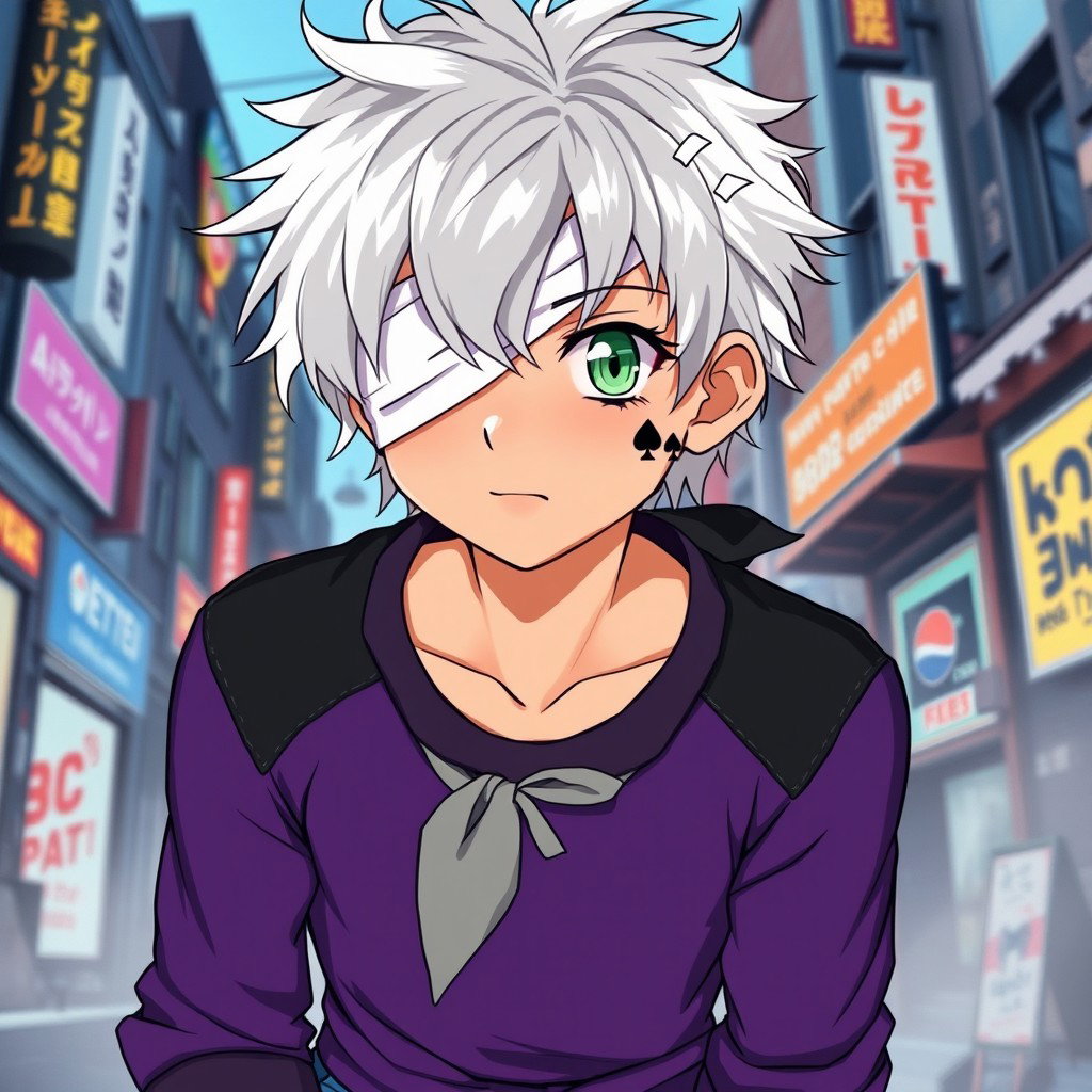 An anime teenage boy with very white, messy hair that adds to his carefree vibe, paired with striking light green eyes