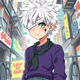 An anime teenage boy with very white, messy hair that adds to his carefree vibe, paired with striking light green eyes