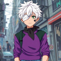 An anime teenage boy with very white, messy hair that adds to his carefree vibe, paired with striking light green eyes