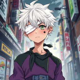 An anime teenage boy with very white, messy hair that adds to his carefree vibe, paired with striking light green eyes