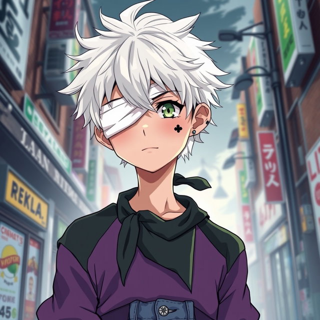 An anime teenage boy with very white, messy hair that adds to his carefree vibe, paired with striking light green eyes