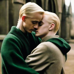 Cinematic capture of Draco Malfoy and Harry Potter embracing each other in a heartfelt hug.