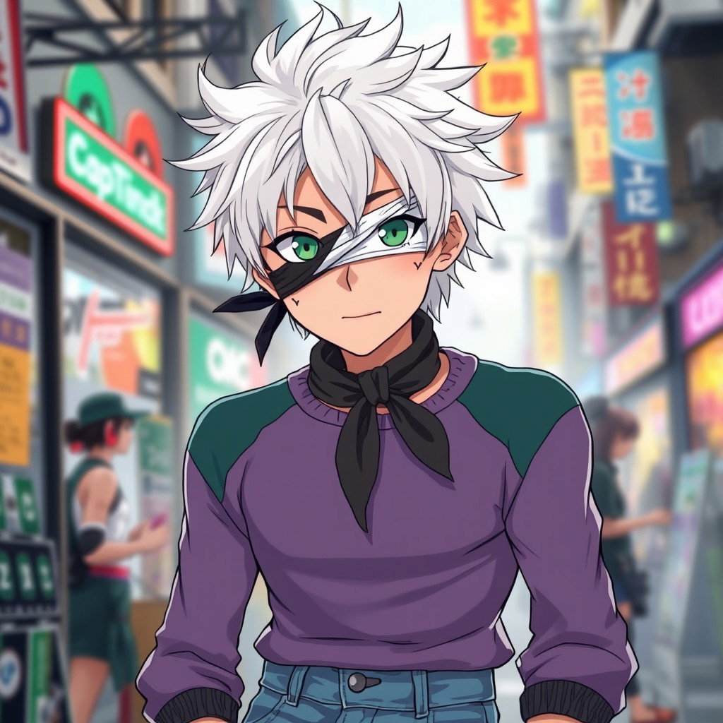An anime teenage boy with very white, messy hair that gives him a rebellious look, and light green eyes that shine with intensity