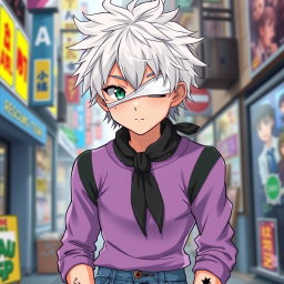 An anime teenage boy with very white, messy hair that gives him a rebellious look, and light green eyes that shine with intensity