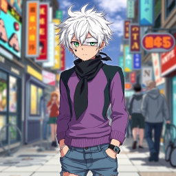 An anime teenage boy with very white, messy hair that gives him a rebellious look, and light green eyes that shine with intensity