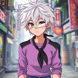 An anime teenage boy with very white, messy hair that gives him a rebellious look, and light green eyes that shine with intensity