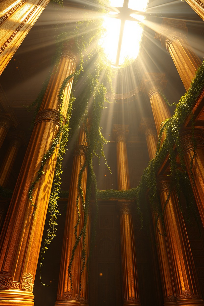 Inside a majestic ancient temple, golden columns entwined with lush vines soar towards the sky, creating an enchanting hanging garden
