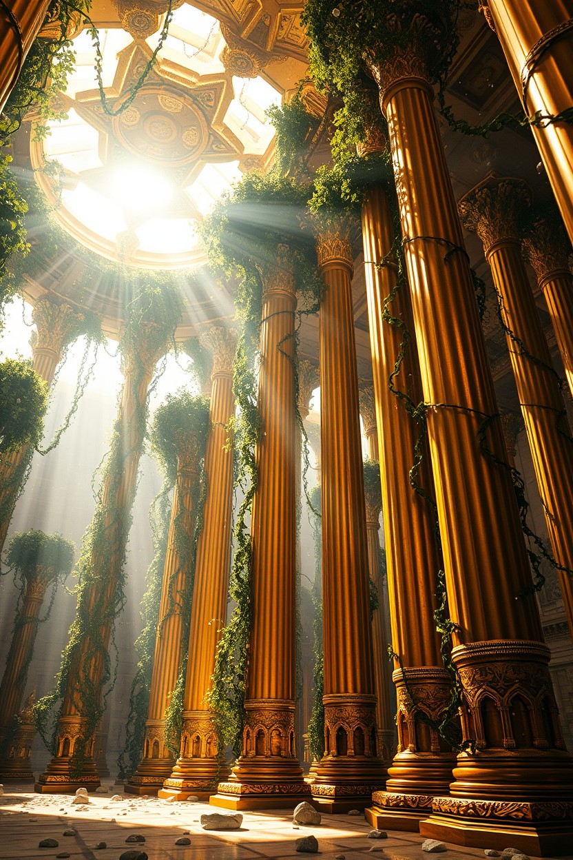 Inside the temple, golden columns entwined with climbing vines rise majestically towards the sky, creating a stunning suspended garden