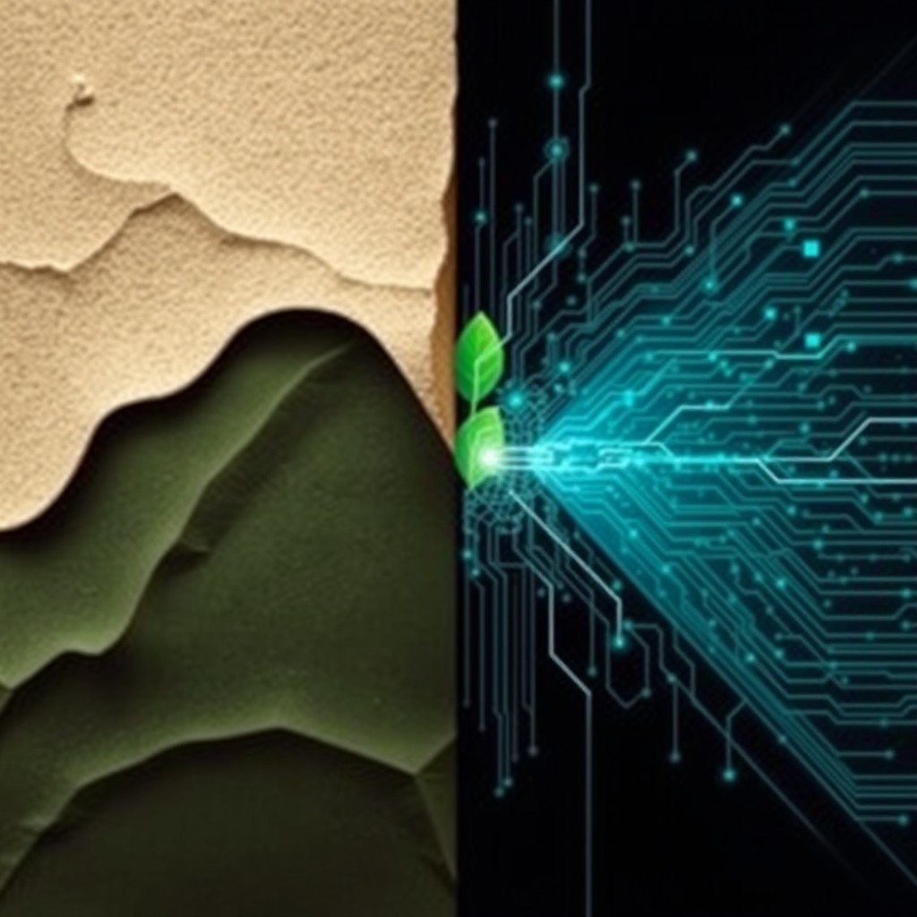 A visually striking image that symbolizes the synthesis of nature and technology, with natural tones on the left side consisting of beige and dark green, representing earthly elements