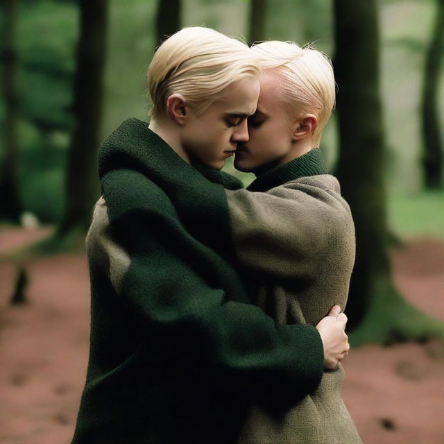 Cinematic capture of Draco Malfoy and Harry Potter embracing each other in a heartfelt hug.