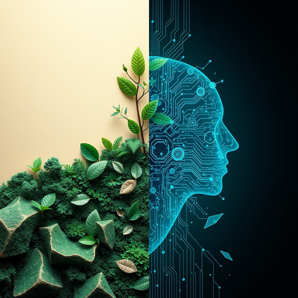 A visually striking artwork that embodies the synthesis of nature and technology, featuring a two-zone color palette