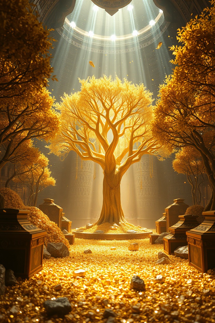 A magnificent inner garden filled with golden trees and treasure chests overflowing with gold and jewels
