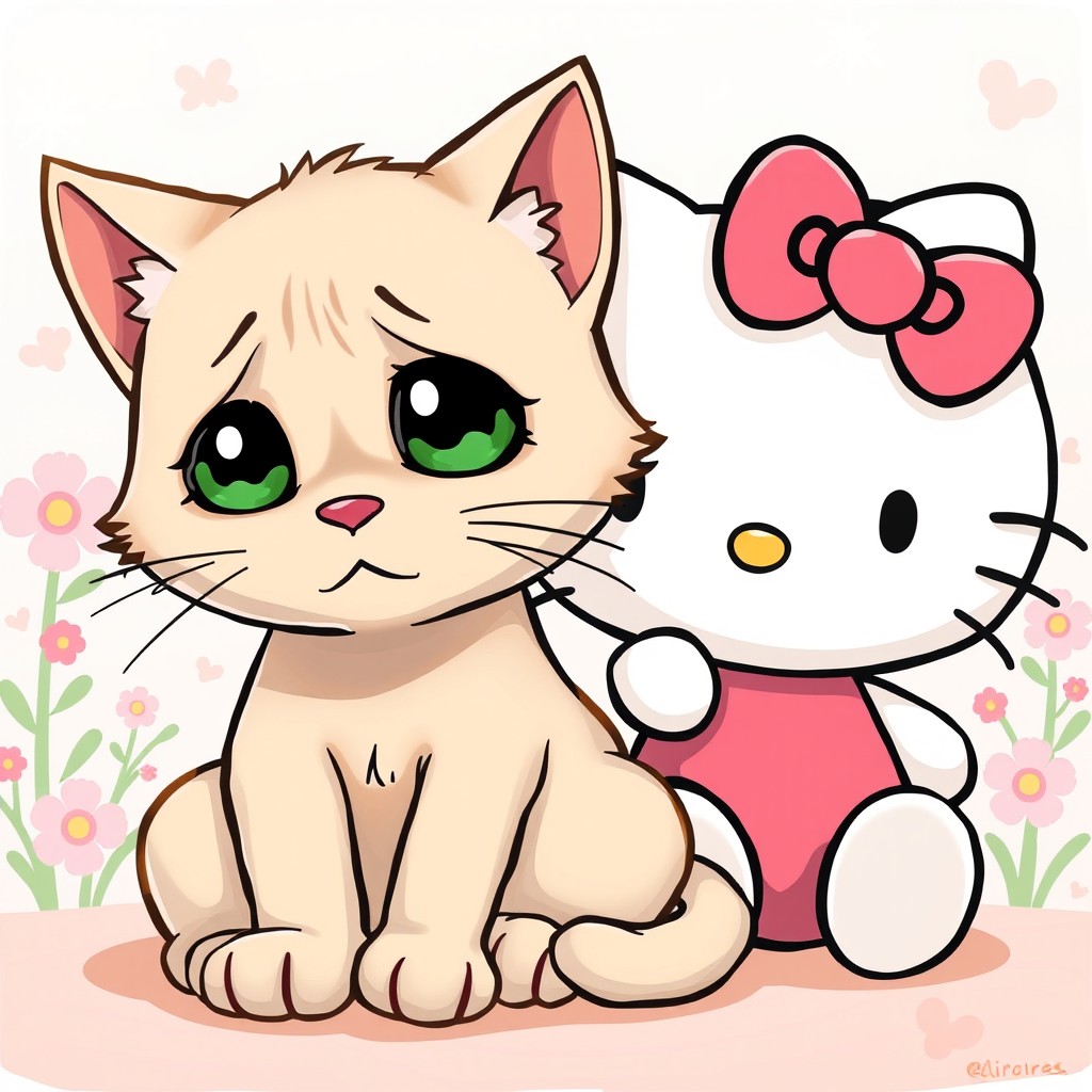 A sad cat sitting next to Hello Kitty, depicted in a whimsical cartoon style