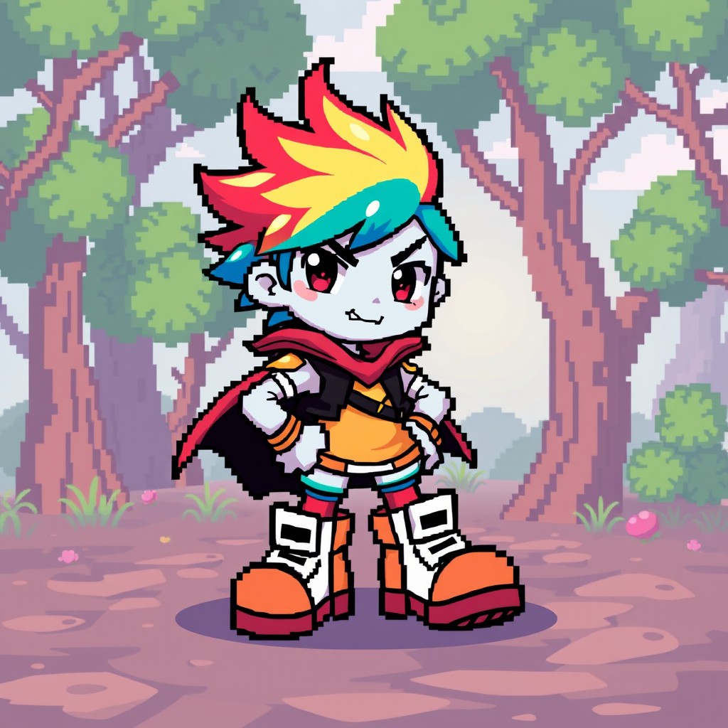 A pixel art game character inspired by the Undertale aesthetic, featuring a unique design with vibrant colors and expressive facial features
