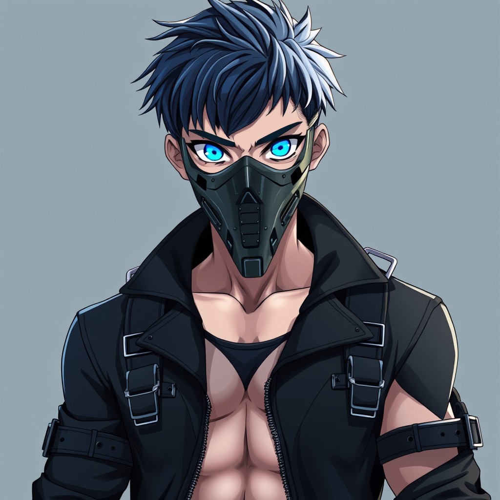 A young anime man standing confidently, with short dark blue or black hair styled in a messy yet controlled fashion