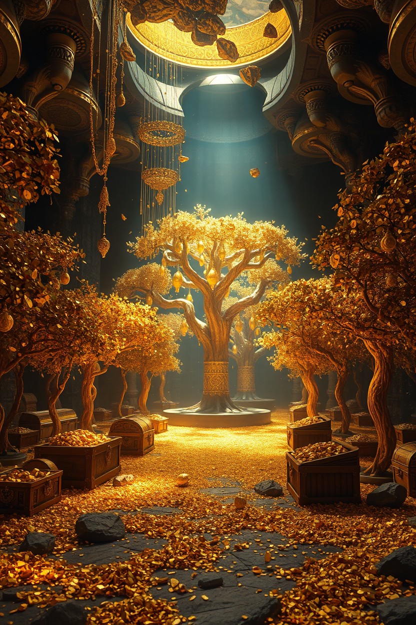 A magnificent inner garden filled with golden trees, treasure chests overflowing with gold and jewels, and a central sacred tree adorned with beautiful golden necklaces and ornaments