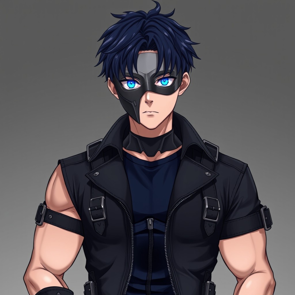 A young anime man standing confidently, with short dark blue or black hair styled in a somewhat messy but controlled fashion