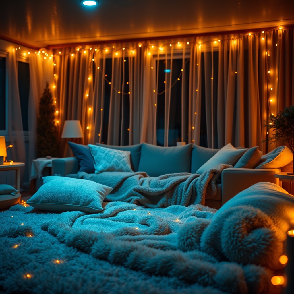 A cozy living room scene at night filled with warmth and comfort