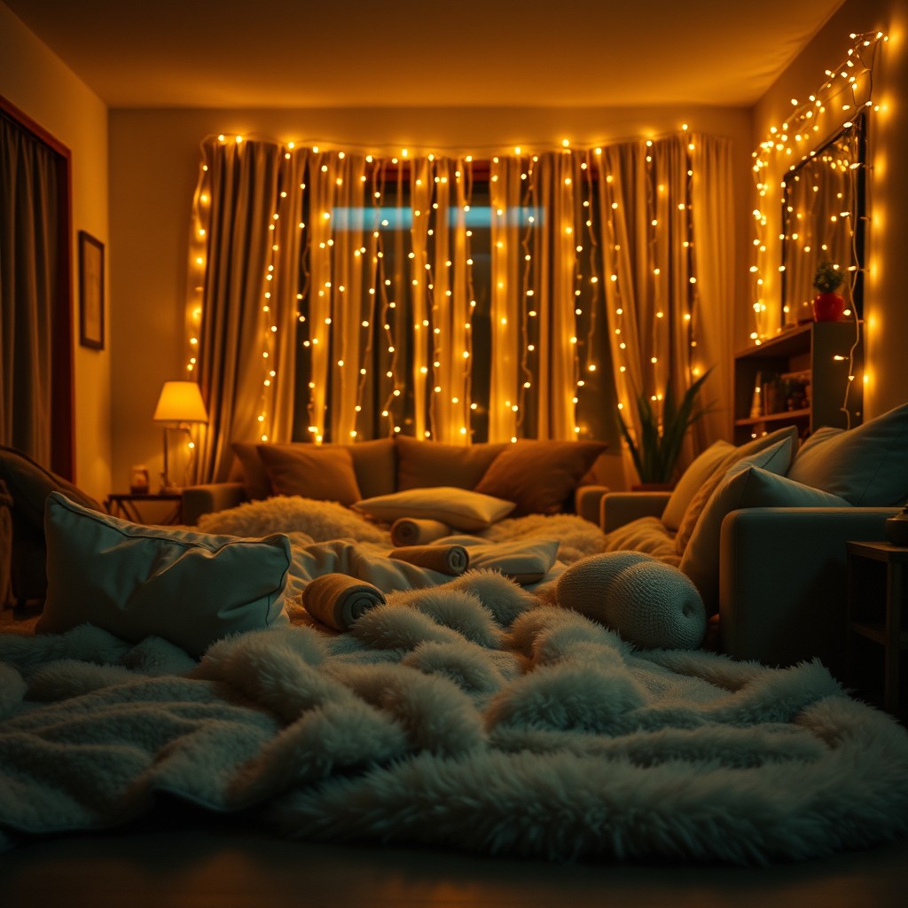 A cozy living room scene at night with warm fairy lights creating a soft golden glow