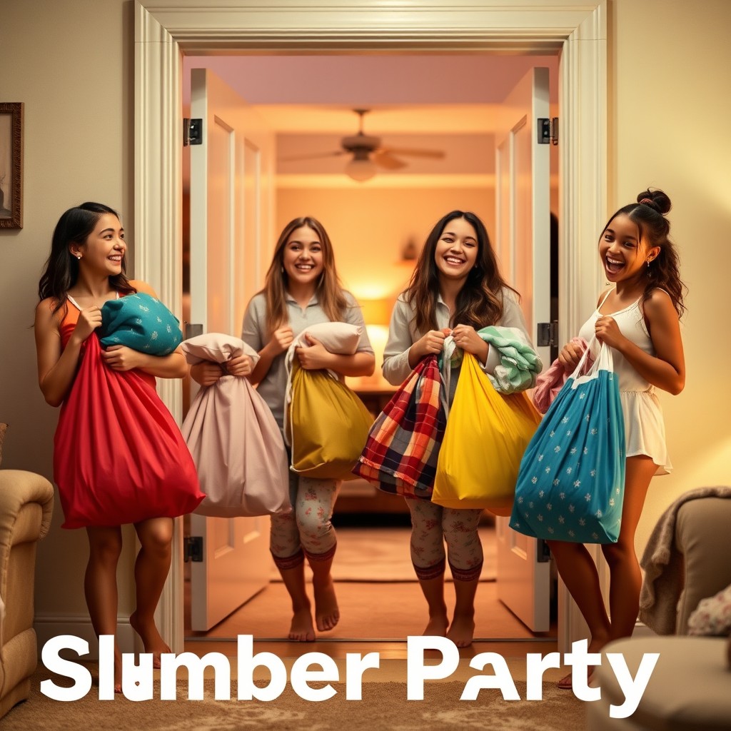 Four joyful friends entering a cozy house for a slumber party, each holding colorful bags filled with pajamas