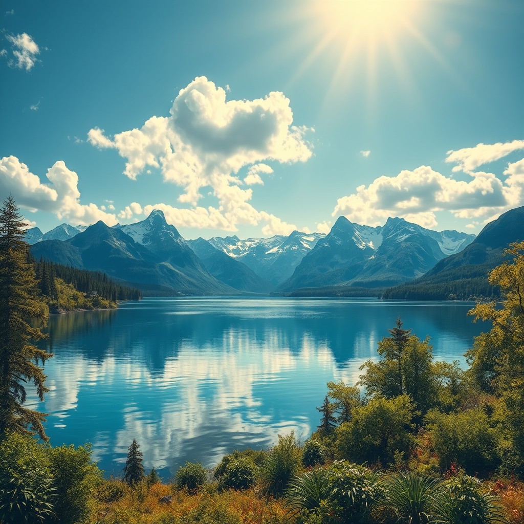 An artistic interpretation of a scenic landscape, showcasing a tranquil lake surrounded by lush greenery and majestic mountains in the background