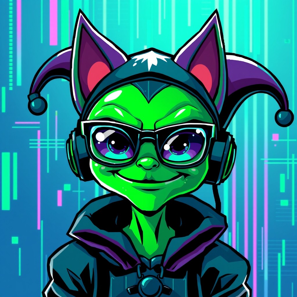 A pixel art depiction of a green alien jester with cat ears, sporting a cheeky grin