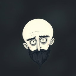 A pale white bald man with a dark black and gray beard, illustrated in a Tim Burton drawing art style