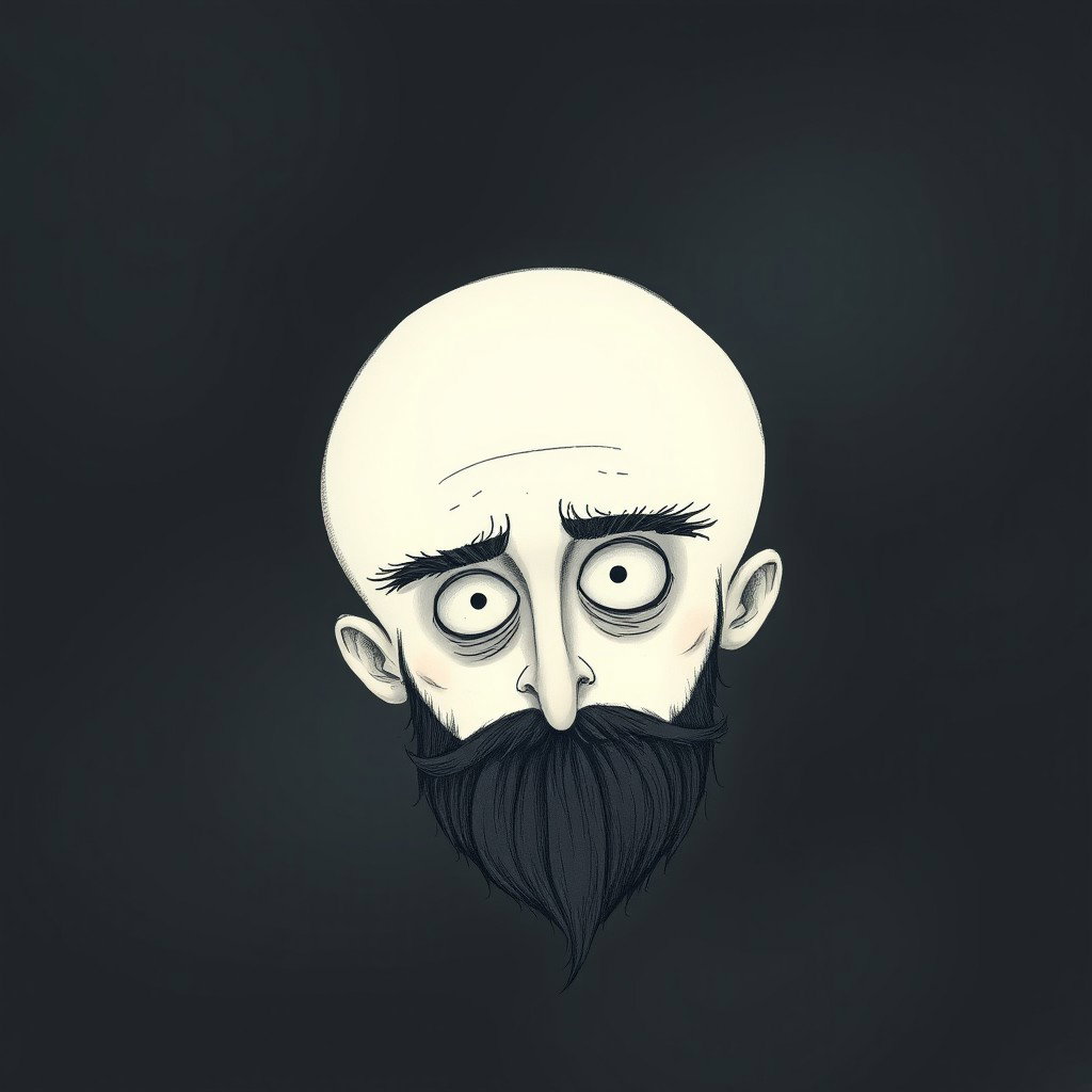 A pale white bald man with a dark black and gray beard, illustrated in a Tim Burton drawing art style