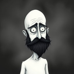 A pale white bald man with a dark black and gray beard, illustrated in a Tim Burton drawing art style