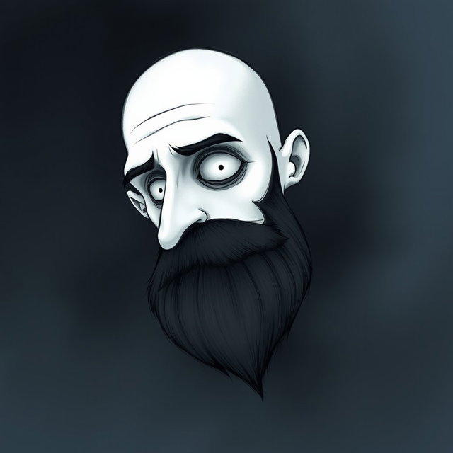 A pale white bald man with a dark black and gray beard, illustrated in a Tim Burton drawing art style