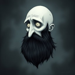 A pale white bald man with a dark black and gray beard, illustrated in a Tim Burton drawing art style