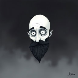 A pale white bald man with a dark black and gray beard, illustrated in a Tim Burton drawing art style
