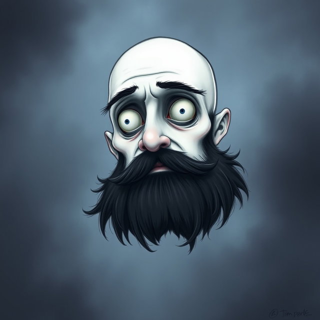 A pale white bald man with a dark black and gray beard, illustrated in a Tim Burton drawing art style