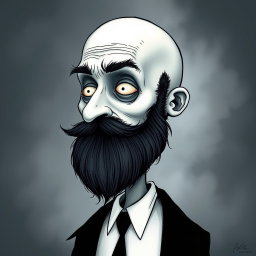 A pale white bald man with a dark black and gray beard, depicted in a Tim Burton drawing art style