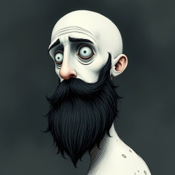 A pale white bald man with a dark black and gray beard, depicted in a Tim Burton drawing art style