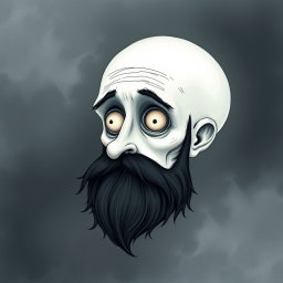 A pale white bald man with a dark black and gray beard, depicted in a Tim Burton drawing art style