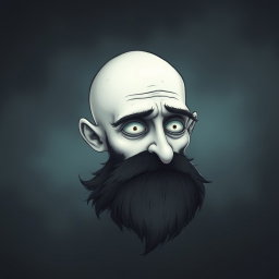 A pale white bald man with a dark black and gray beard, depicted in a Tim Burton drawing art style