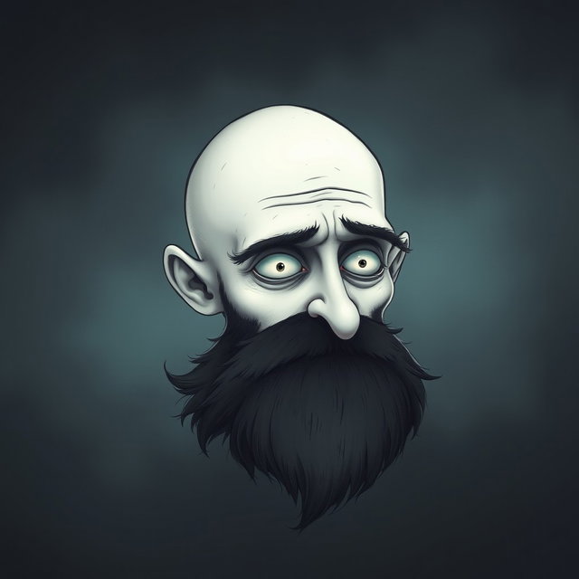 A pale white bald man with a dark black and gray beard, depicted in a Tim Burton drawing art style