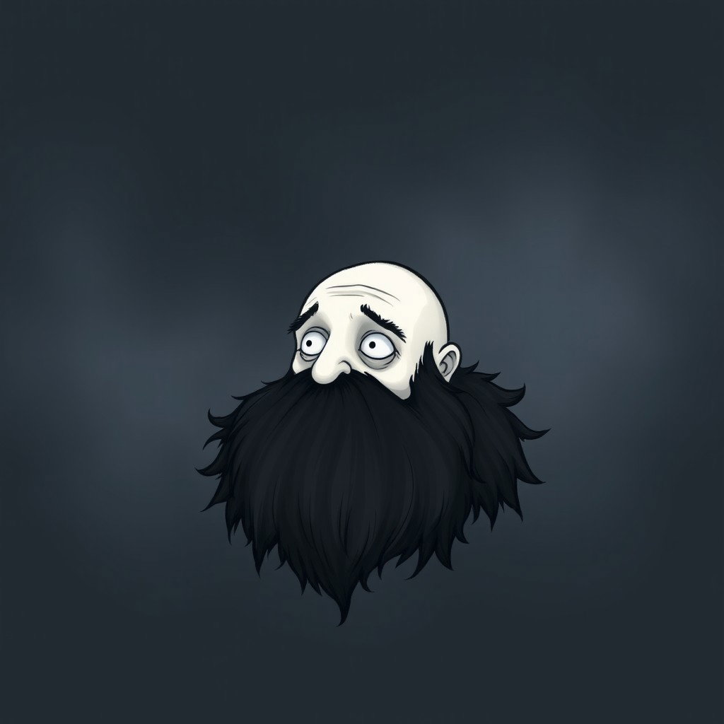 A pale white bald man with a dark black and gray beard, depicted in a Tim Burton drawing art style